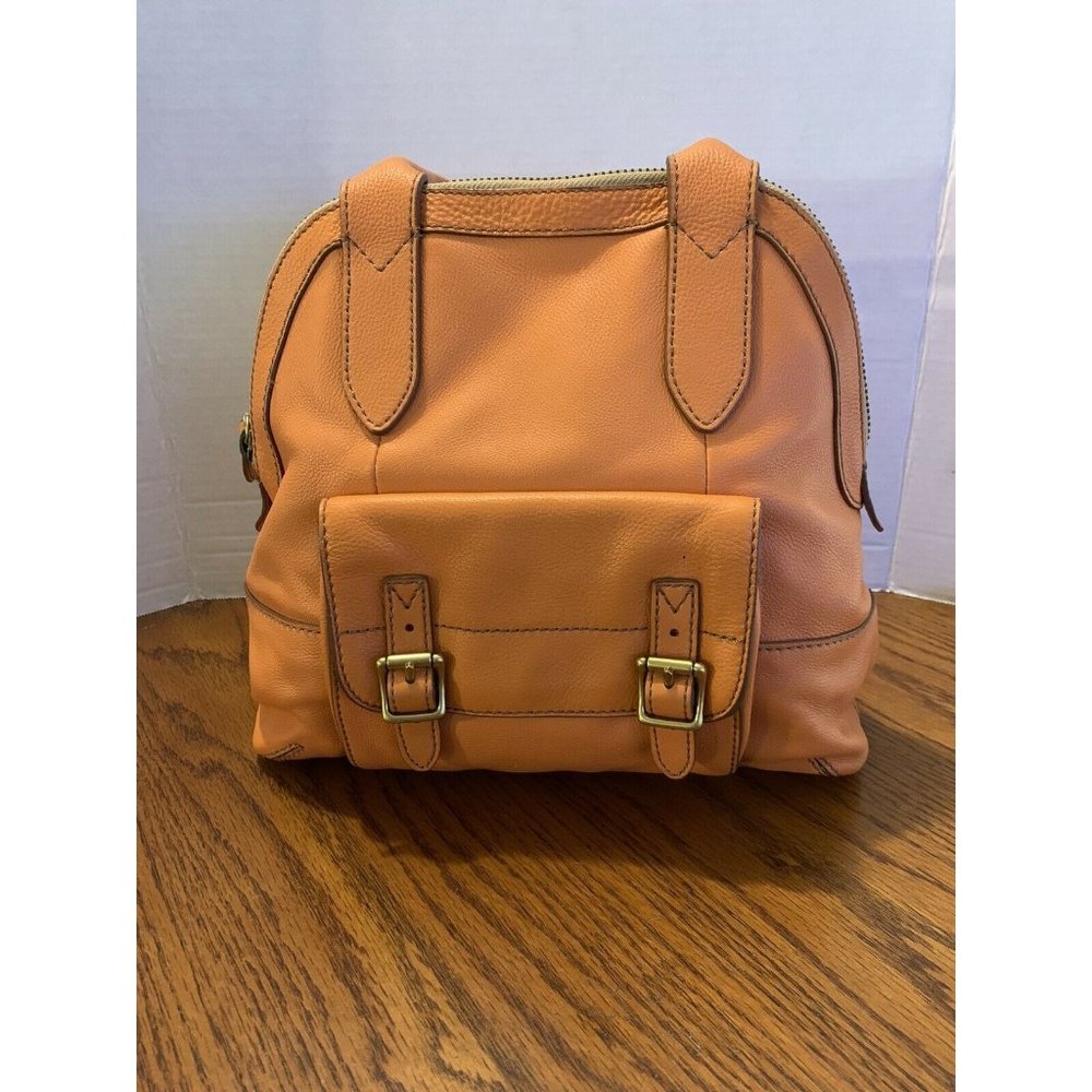 Fossil Tate Dome Handbag Orange Leather Zip Closure Handles Double Bucket Pocket
